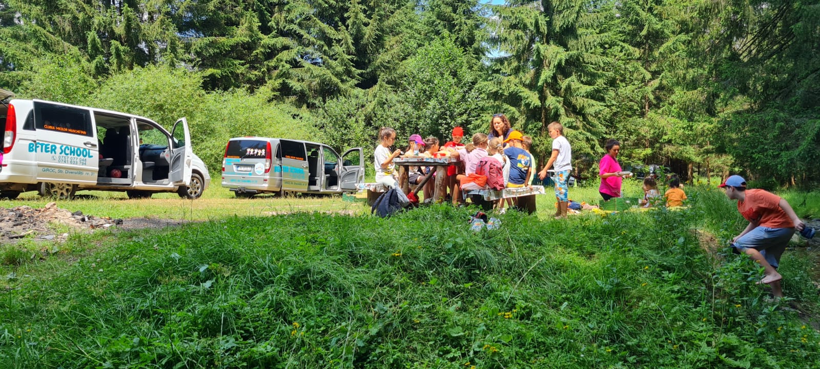 A group of kids and teachers having a picnic in the mountains