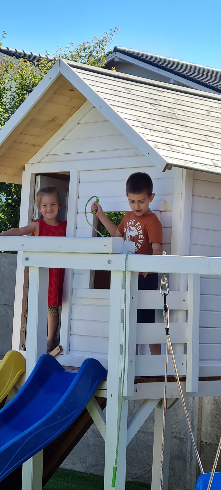 Two kids in a tree house with two slides